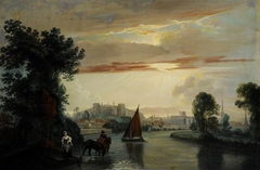 View of a Castle, Town and River (possibly Warwick Castle and Coventry) by style of Thomas Christopher Hofland