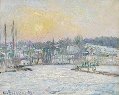 View of Bazincourt, Snow Effect, Sunset by Camille Pissarro