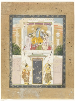 Vishnu zittend op een troon op de eerste verdieping van een gebouw by Unknown Artist