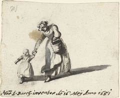Vrouw bukkend om de hand van een kind te pakken by Harmen ter Borch