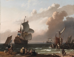 Warship and Dutch Sailboats near the Shore