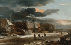 Winter Landscape with a Village and Frozen Canal
