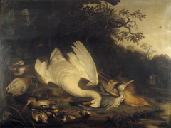 Zwaan, aascholver en andere dode vogels in een landschap by Jacob de Wet II