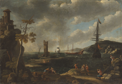 A coastal landscape with fishermen