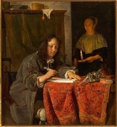 A Man with Pen in Hand and a Maid-Servant by Gabriël Metsu