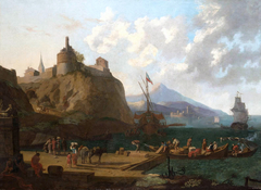 A  mediterranean harbour scene with numerous figures on a que beneath a fort