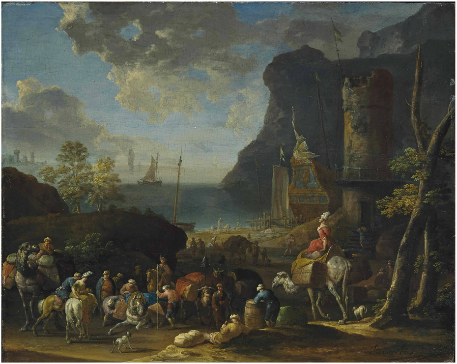 A Mediterranean harbour scene with Turkish merchants loading a caravan in the foreground