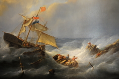 A ship in trouble at a rocky coast by Christiaan Cornelis Kannemans