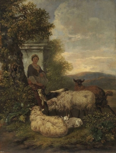 Abendlandschaft mit Schafen, Ziegen und Hirtin