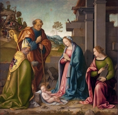 Adoration of the Christ Child, with Sts Barbara and Martin by Raffaello Botticini