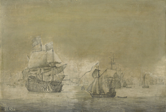 An English Three-decker in a Light Breeze with a Royal Yacht Sailing Towards her by Willem van de Velde the Elder