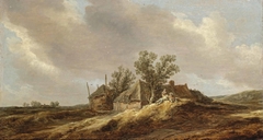 An extensive dune landscape with peasants resting in front of a farm house by Jan van Goyen