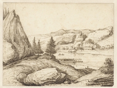 Berglandschap met een rivier by Jacob Esselens
