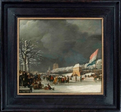 Blick auf den Westersingel in Leeuwarden im Winterwinter, Fraueneisschnellaufen