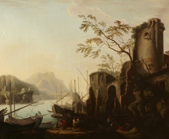 Classical Landscape with a Ruined Castle by the Water's Edge (after Salvator Rosa) by Pietro Antonio Sasso