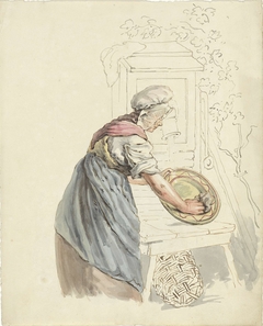 Dienstmeid die bij een waterpomp een schaal afwast by Pieter van Loon