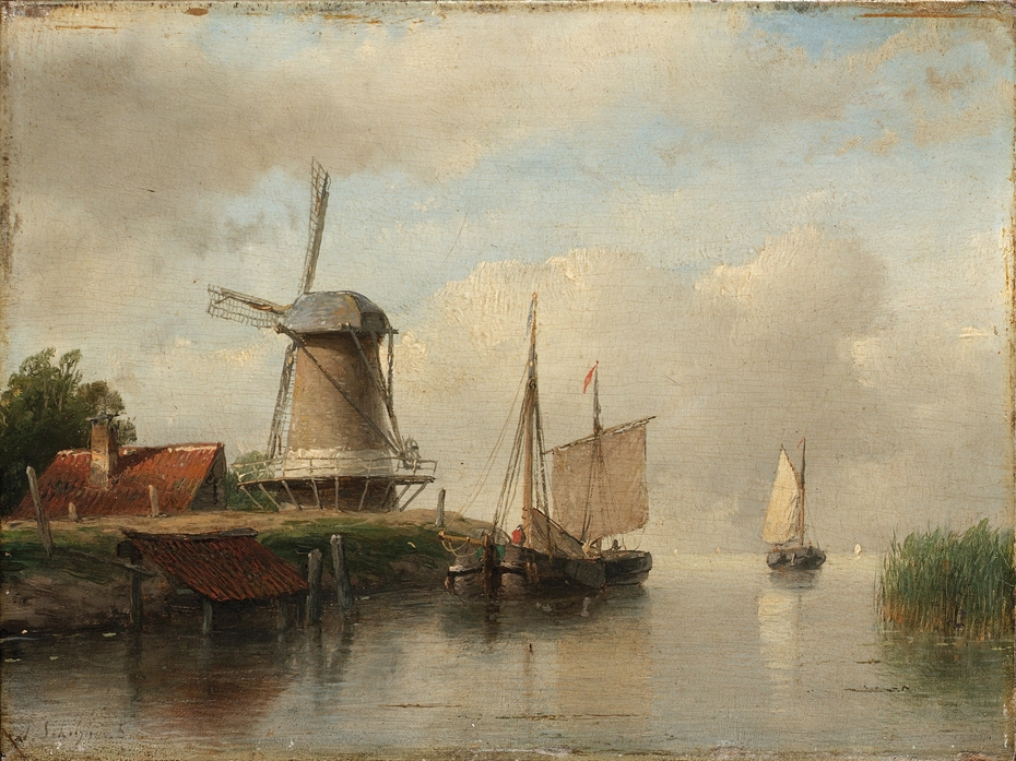 Dutch ships moored on a river beside a windmill