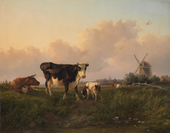Een vlak landschap met rundvee by Jan Bedijs Tom