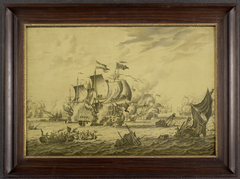 Een zeegevecht tussen Nederlandse, Engelse, en Franse oorlogsschepen by Adriaen van Salm