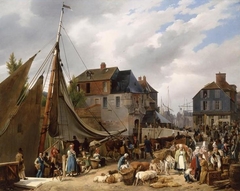 Embarquement de bestiaux sur le "Passager" dans le port de Honfleur by Auguste-Xavier Leprince