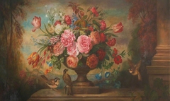 Floral Still Life in an Urn, in a Landscape, with Birds by David Paton