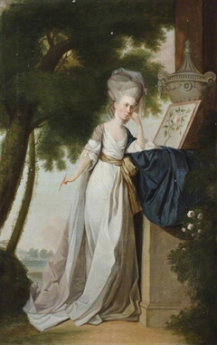 Frances Delaval, Mrs Fenton Cawthorne (1759 - 1839), with a watercolour of a rose, in a landscape by Anonymous