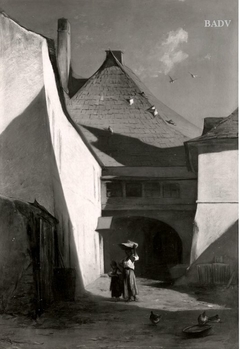 Frau und Kind vor dem Tor eines Bauernhofes (in Ungarn) by Johann Gualbert Raffalt