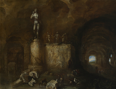 Inneres einer Grotte mit Bildwerken und einem schlafenden Hirten by Abraham van Cuylenborch