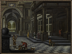 Interieur van een renaissance paleis met figuren by Daniël de Blieck