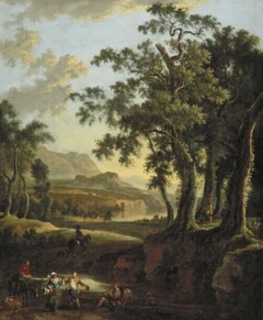 Italianate Landscape by Evening with Dancing Couple by Jan Hackaert