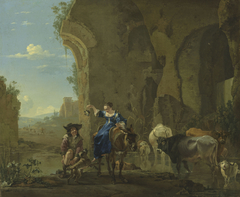 Italianate landscape with travellers by a stream with cattle by Jan Asselijn