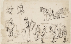 Karikaturale figuurscènes en een paard en wagen by Pieter van Loon