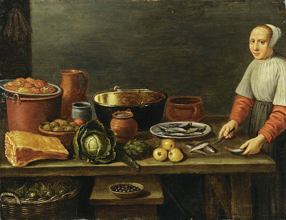 Kitchen still life with a woman cleaning a fish