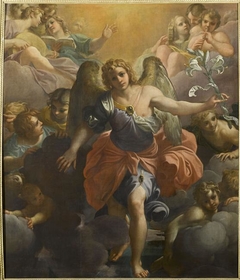 L'ange Gabriel dans une gloire d'anges musiciens et de chérubins