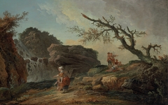 La Cascade : a Rocky Hillside with a Peasant Woman and Child near a Waterfall and Boys Resting by a Blasted Tree