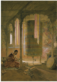 Lama in a monastery working the prayer wheels by William Simpson