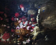 Landscape with Vases of Flowers and Fruits by Andrea Belvedere
