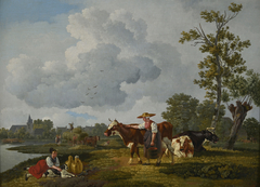 Landschap met melksters en vee in de omstreken van Dordrecht by Leendert de Koningh