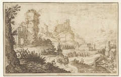 Landschap met ruïnes en een standbeeld by Herman Breckerveld