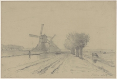 Landschap met twee molens en enkele knotwilligen langs de vliet te Meern