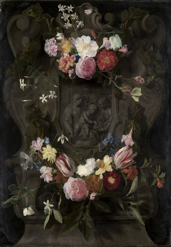 Madonna relief in a flower garland