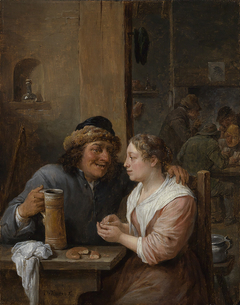 Man with a beer jug and a young woman in a tavern
