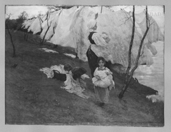 "Märzwinde", Frau mit zwei Kindern beim Aufhängen der Wäsche by Alois Delug