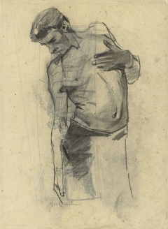 Modelstudie van staande halfnaakte man, naar omlaag ziende by George Hendrik Breitner