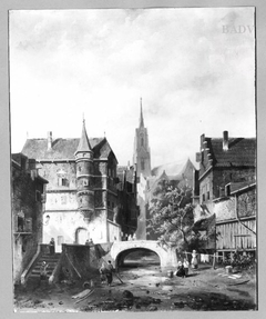 Part of a small town with figures by Charles Leickert