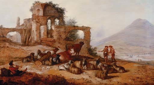 Peasants with livestock by classical ruins in an extensive landscape, with a youth playing a pipe in the foreground