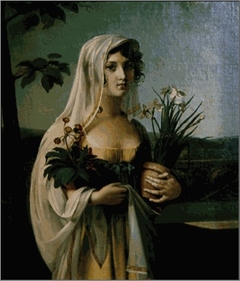 Portrait of a young lady with two vases of flowers