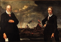 Portrait of Cornelis Gerritsz. de Lange and his son Floris Cornelisz. de Lange with their Whale oil factory by Anoniem