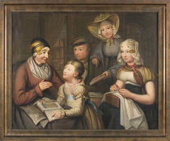 Portrait of een familie, volgens opgave van de eigenaar voorstellende v.l.n.r. Saapke Posthumus Goslings, waarschijnlijk de schilder zelf (met pet), de dochter Aafke (staande) en de dochter Saapkje (zittend) by Gosling Posthumus