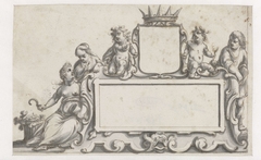 Rechthoekige cartouche met een wapenschild en vijf figuren